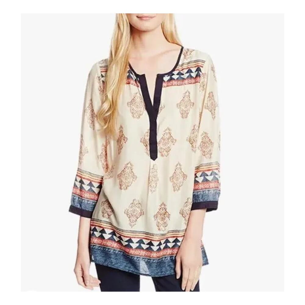 Lucky Brand Cream Multi Tinsley Tunic Top Womens 1X Tribal Print Boho Split